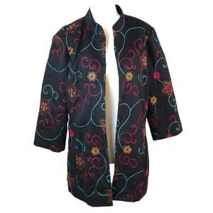 Vintage 90s City Girl Nancy Bolen Black Blazer Open Front Floral Embroidered